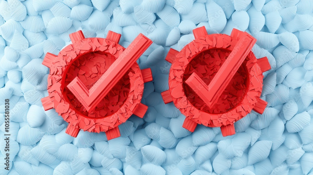 Poster efficient quality control concept with checkmarks, gears, and copy space in high luminosity c4d desi