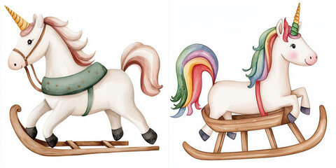 Two colorful unicorn rocking horses with detailed features, perfect for children's playrooms or nursery decor.