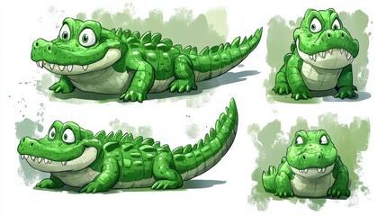 Green cartoon crocodiles in different poses.