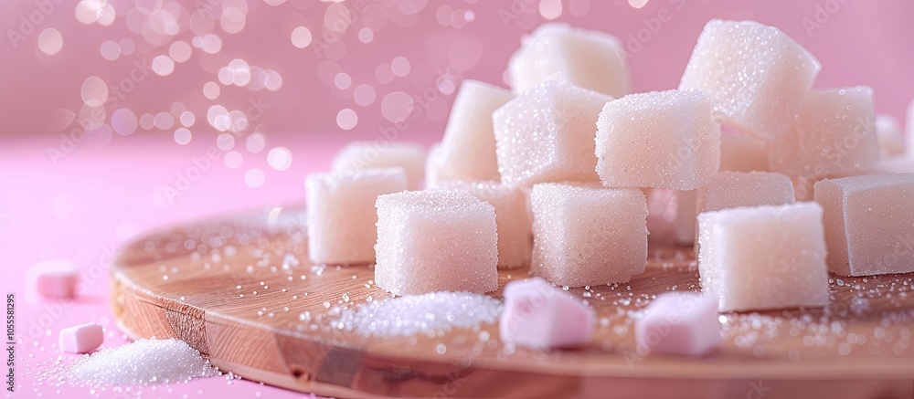 Poster sugars displayed on a wooden board against a soft pink backdrop with room for more images. copy spac