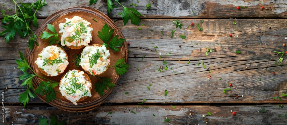 Poster fresh appetizer with cream cheese herbs and crab stick stuffing on a rustic table with a food backgr