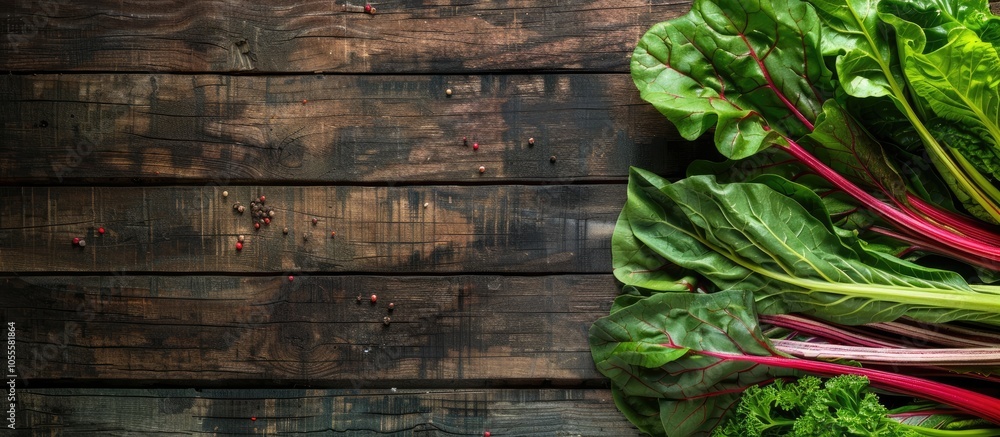Poster top view of stem vegetables such as chard and beta vulgaris set on an herb stalk on a wooden backgro