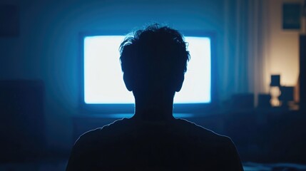 Silhouette of an individual viewing a screen in a dimly lit space