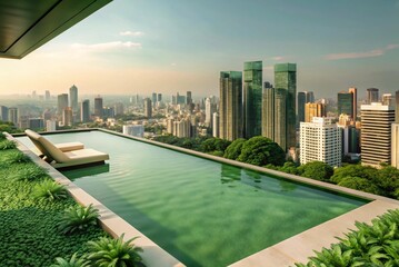 Naklejka premium An infinity pool atop a luxury building, offering a hidden view of the sprawling cityscape. 