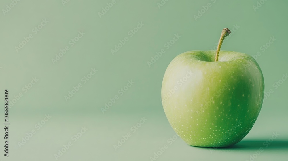 Poster front view of a green apple with a petal set against a green background featuring ample copy space f