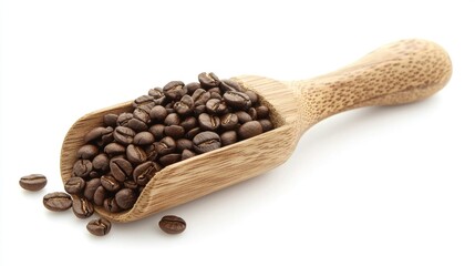 Obraz premium Coffee Beans In Wooden Measuring Scoop Isolated On White Background