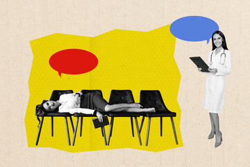Composite creative art collage of two girls happy doc sad patient lay chair sickness hospital...