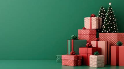 Christmas Gift Boxes with Festive Decorations and Green Background