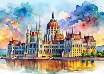 Fototapeta premium Watercolor Cityscape of Hungarian Parliament: Urban Exploration Photography for Stunning Architectural Views
