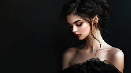 Naklejka premium Portrait Of A Beautiful Slender Fashionable Woman In A Black Evening Dress