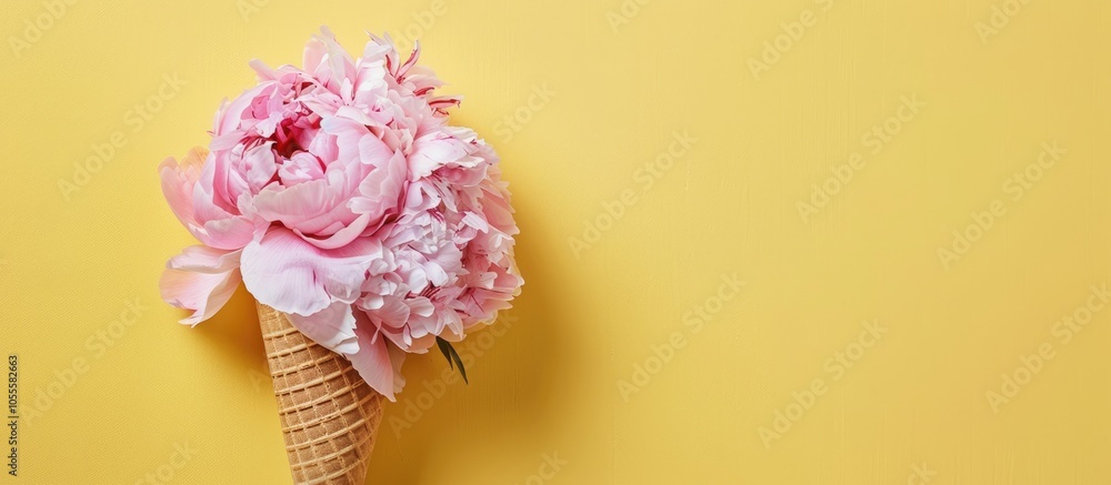 Poster an innovative summer arrangement a peony filled ice cream cone on a vibrant yellow backdrop creating