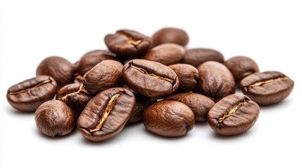 Espresso coffee beans in closeup on a white background for a vibrant morning boost