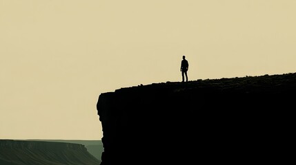 Lone figure standing atop a cliff overlooking a serene landscape