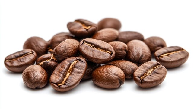 Espresso coffee beans in closeup on a white background for a vibrant morning boost