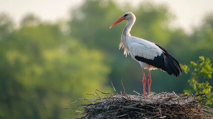 Fototapeta premium White Stork On The Nest Ciconia Ciconia