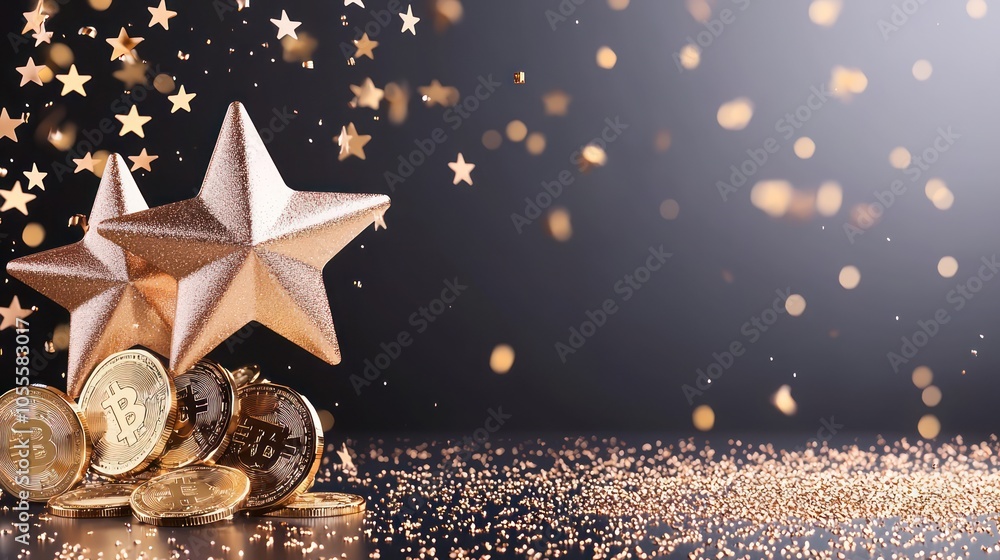 Poster glowing star ratings and coins in golden hues poster design with copy space, c4d rendering in high l
