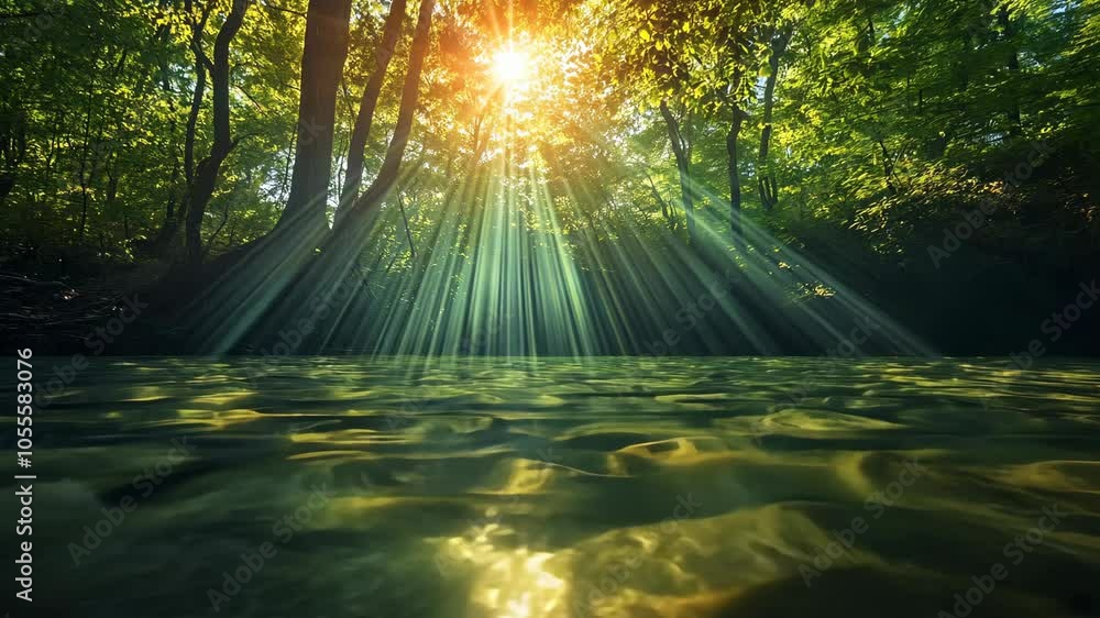 Poster sunlight streams through the canopy of trees, illuminating a calm river in the forest