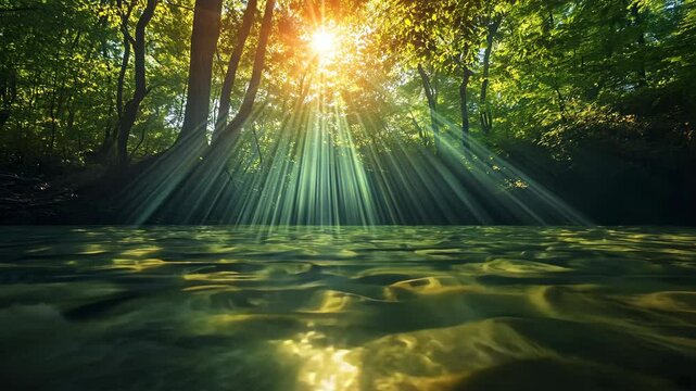 Sunlight streams through the canopy of trees, illuminating a calm river in the forest