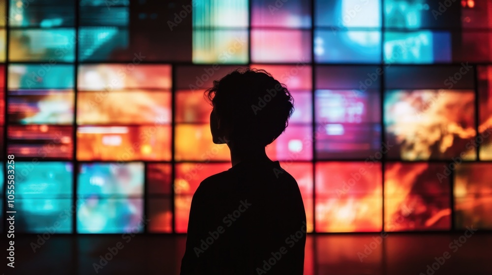Poster silhouette of an individual in front of a vibrant array of digital screens showcasing diverse abstra