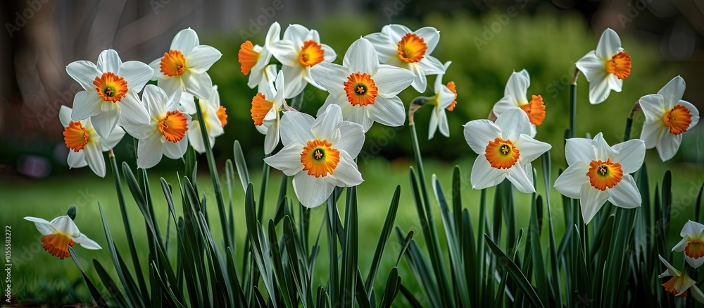 Poster a cluster of white daffodils with orange centers blooming in a spring garden with a lawn and another