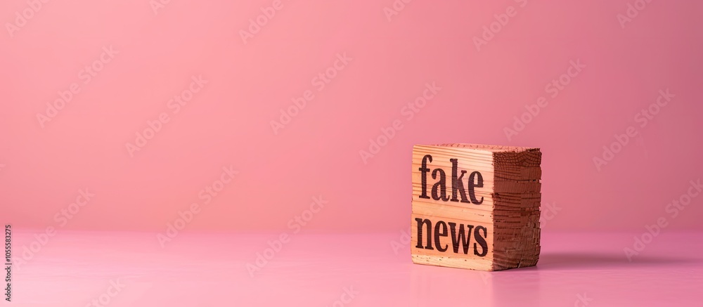 Poster wooden block with fake news inscription on a pink background representing misinformation symbolicall