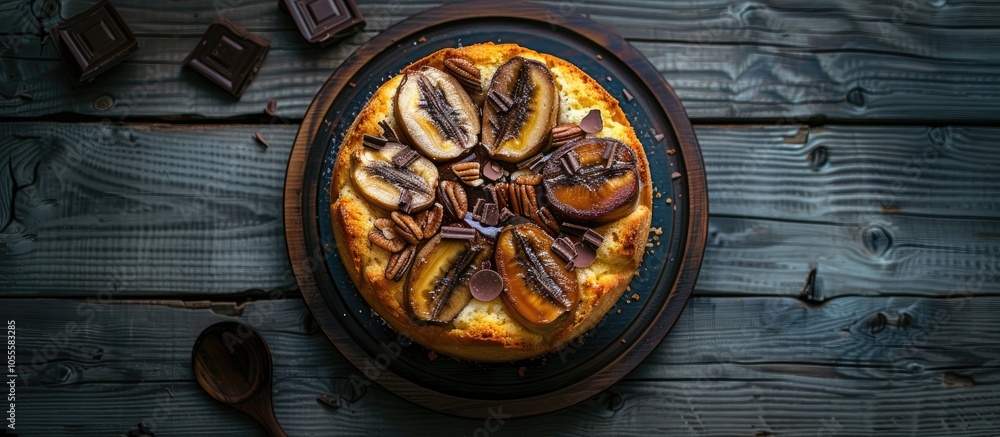 Poster a delectable banana sponge cake enriched with nuts and chocolate drops ideal as a sweet treat for te