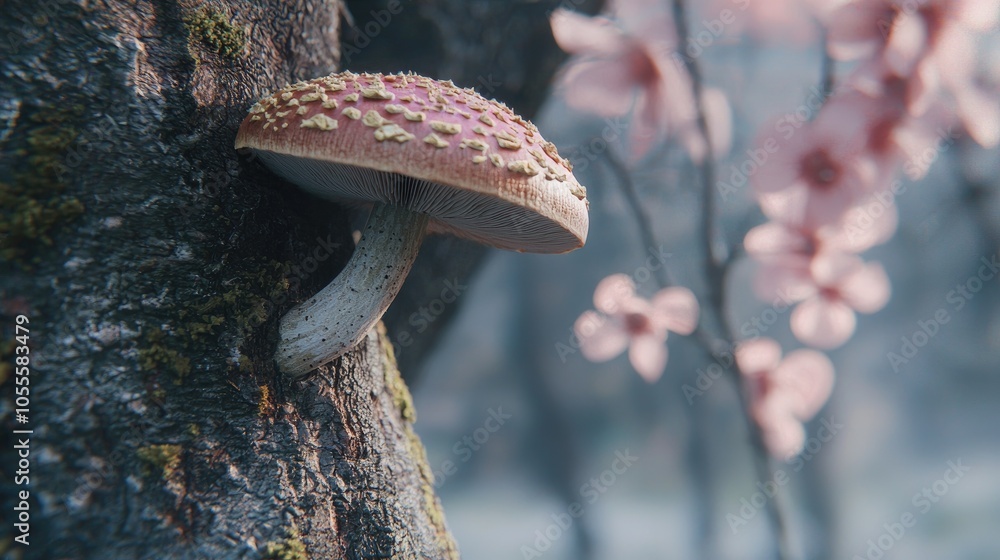 Poster blossom mushroom on the tree mushroom is a fungal growth that typically takes the form of a domed ca