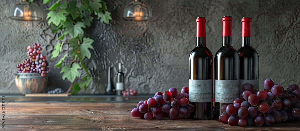 Aufkleber two wine bottles displayed on a wooden surface with grapes in a copy space image