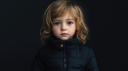 Minimalist studio portrait of a young child in a black jacket
