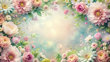 A delicate flower frame with intricate details and soft pastel colors surrounding a large blooming flower in the center, floral arrangement, nature inspired art, floral designs, nature photography, 