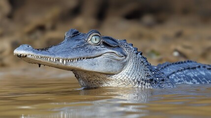 Fototapeta premium Close-up of a young spectacled caiman (Caiman crocodilus) partially submerged in a muddy river.