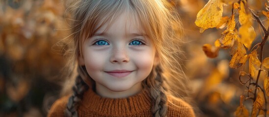 Fototapeta premium Little Girl With Blue Eyes In Autumn In The Park Smiling