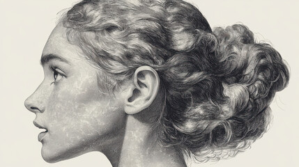 Fototapeta premium Detailed human ear engraving with intricate hair design