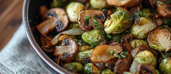 Fototapeta premium Brussels Sprouts Roasted With Mushrooms And Onions