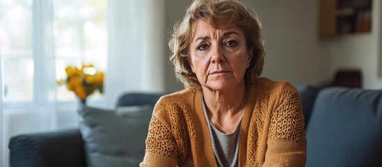 Sad Middle Aged Woman Sitting On A Sofa In The Living Room