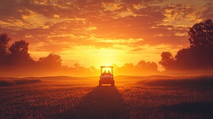 Golf Cart Silhouette at Sunset on a Green Field