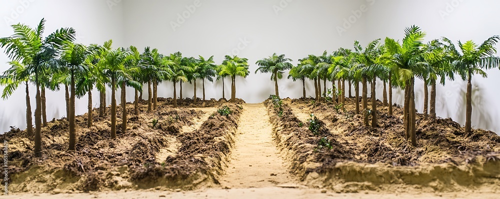 Poster a room with artificial palm trees and sandy paths, simulating a tropical environment.