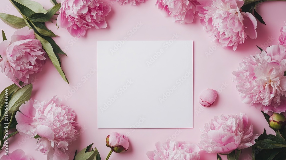 Poster a blank white postcard surrounded by a frame of pink peonies on a soft pink backdrop overhead perspe