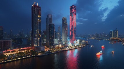 Fototapeta premium A vibrant city skyline illuminated with colorful lights under a starry night sky, showcasing urban life.