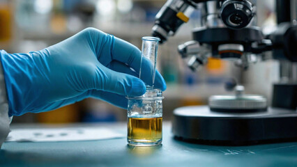 a hand in a blue medical glove holding a test tube.  In the background, a microscope is visible, which is used for scientific research