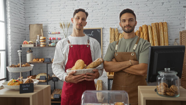 Man with folded arms and another holding bread in a bakery filled with various baked goods and pastries.