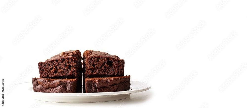 Poster chocolate banana bread displayed on a plate against a white background with copy space image