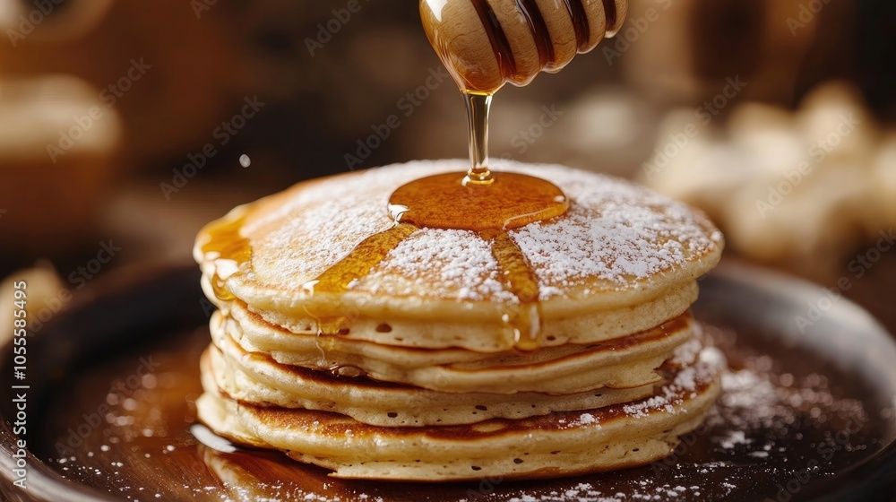 Poster stack of fluffy pancakes drizzled with honey and dusted with powdered sugar
