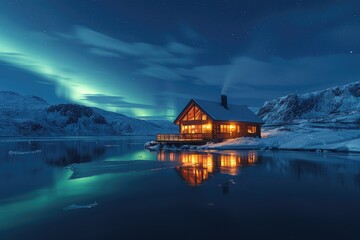 Fototapeta premium Illuminated Cabin by a Lake with Northern Lights and Starry Sky