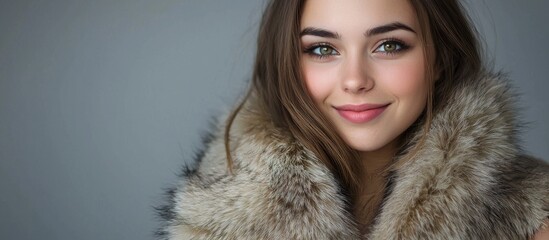 Beautiful Pretty Smiling Young Brunette Woman In A Fur Vest Posing On Gray Background Concept Of Real Fur Clothing Advertising Outerwear Advertising Space