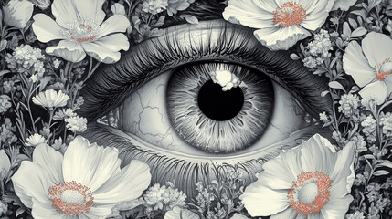 Surreal eye surrounded by artistic floral arrangement