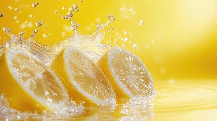 Lemon fruit splashing in water against a vibrant yellow backdrop