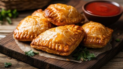 Homemade chicken curry puffs displayed on a wooden table