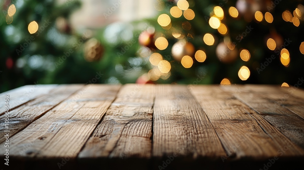 Poster rustic wooden table with a christmas tree and a blurred bokeh effect in the background