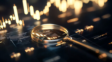 Magnifier on future price chart, detailed forecast, 3D illustration